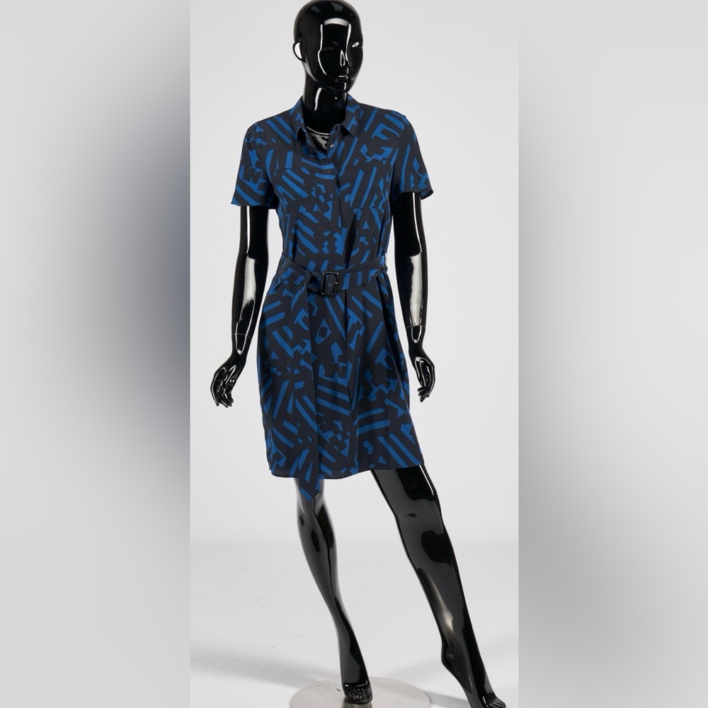 BURBERRY Blue Silk Abstract Belted Shirt Dress Size -US 8/UK 10